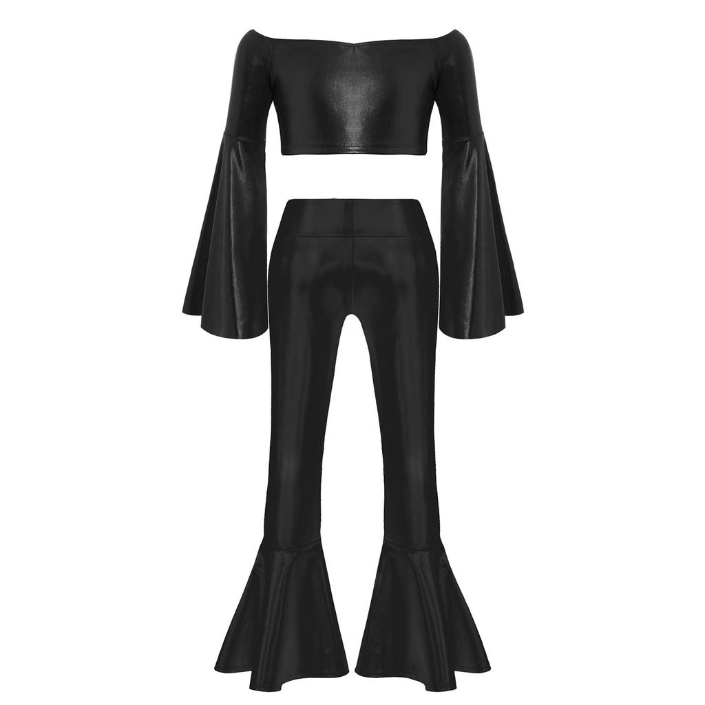 Top Corto Metallico da Ragazza Manica Lunga a Svasatura Scollatura a Barca Pantaloni a Zampa Lucidi Set per Esibizione sul Palco