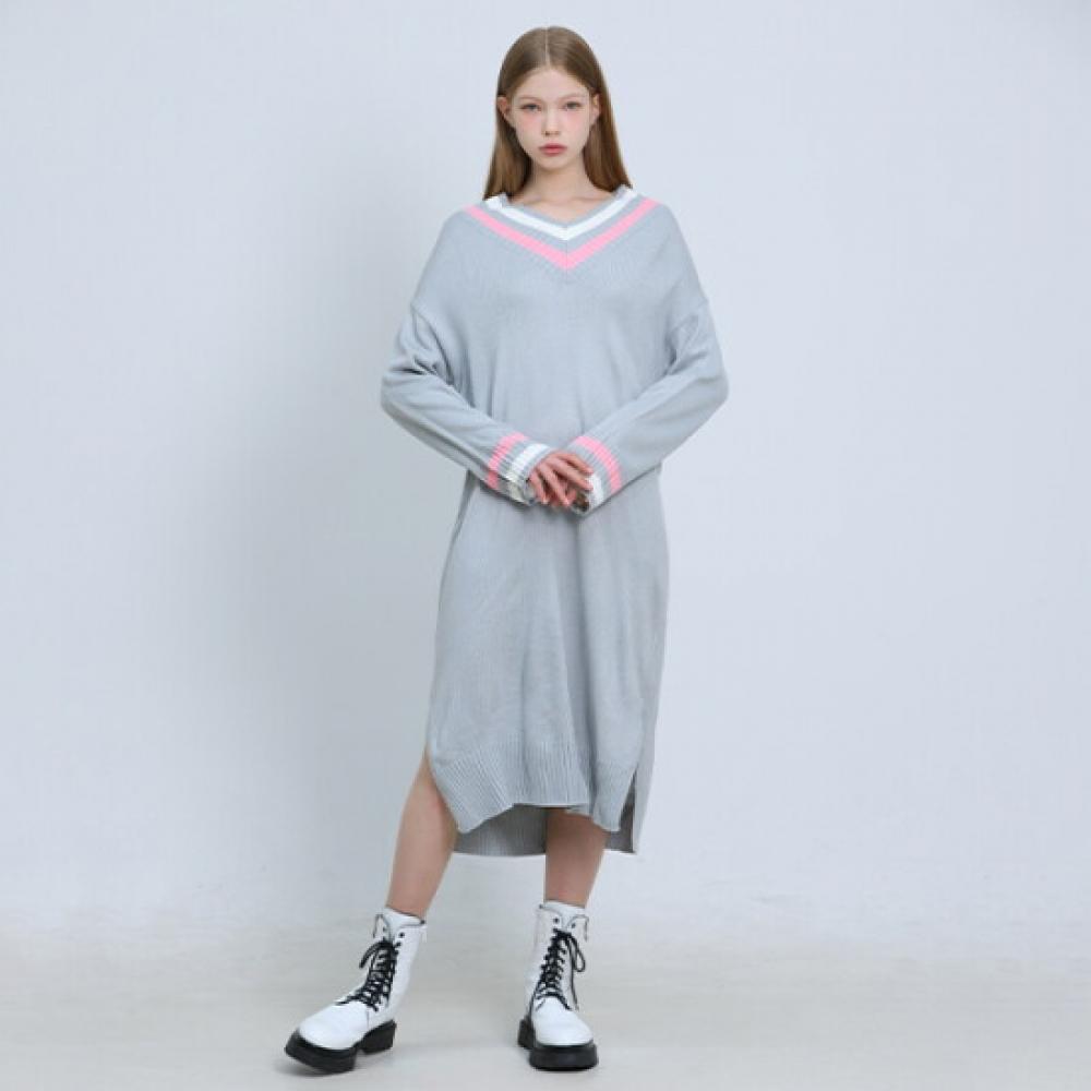 Ozoc Knit Dresswith Neck Color Point Onw 94000