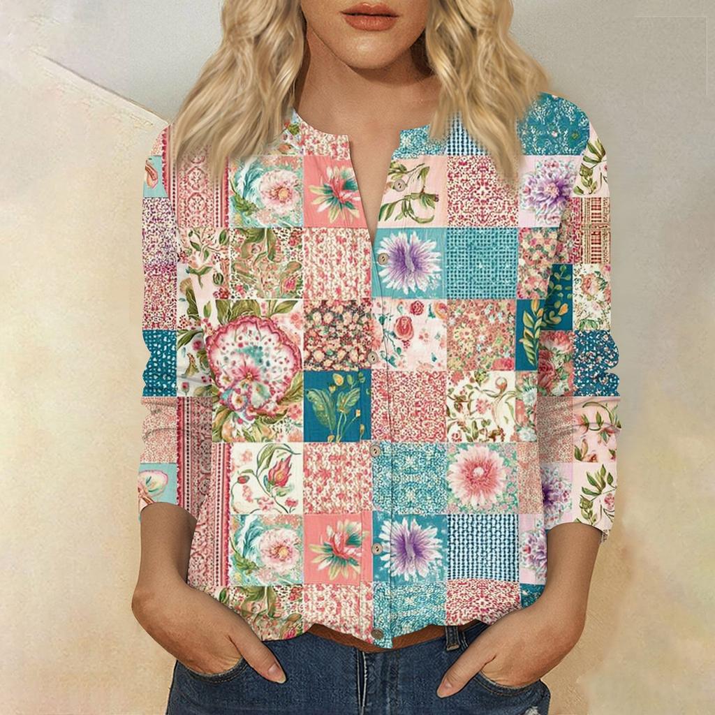 Women's Vintage Floral Print Patchwork Henley Collar Button Down 3/4 Sleeve Cotton Linen Shirt Casual Loose Fit Blouse