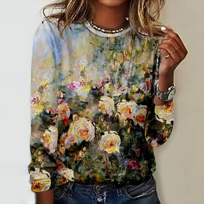 Estate Nuove T-shirt da donna Moda Pittura a olio Stampa floreale Maniche lunghe T-shirt Casual Girocollo Abbigliamento da donna Streetwear Top