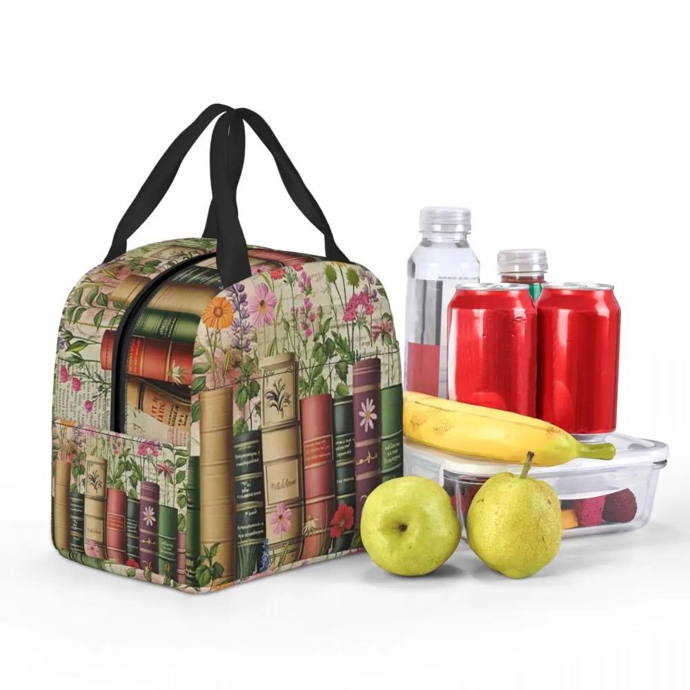 Floral Bookshelf Book And Flower Insulated Lunch Bag for Women Children Leakproof Food Boxes Thermal Lunch Box Tote