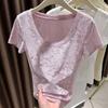 Summer Women Round Neck Textured Sheer Slim White Short Sleeve Top