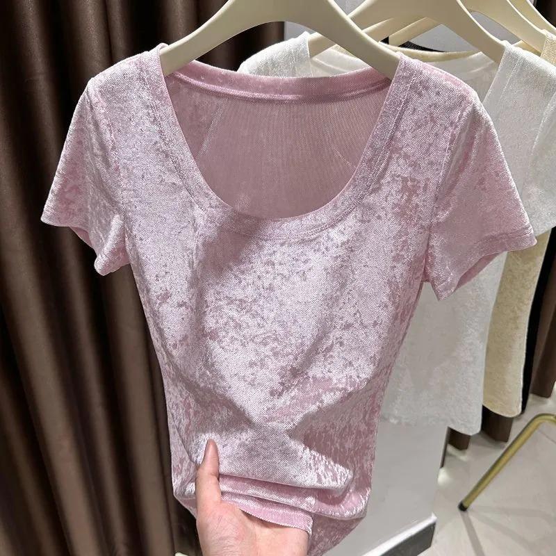 Summer Women Round Neck Textured Sheer Slim White Short Sleeve Top