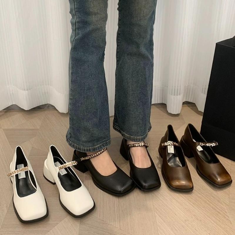 African Woman Shoe 2024 Shallow Mouth Summer High Heels Mary Jane Square Toe Chunky Sandals Sexy Pump Burgundy Leather Latest