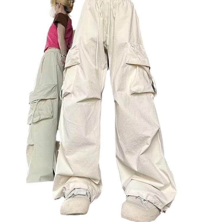 Apricot High-Waist Women's Cargo Jeans: Autumn Multi-Pocket Loose Wide-Leg Slimming Casual Pants