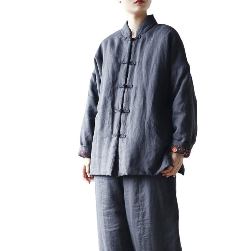 Johnature Damen Winter Locker Vintage Einfarbig Schnalle Langarm Chinesischer Stil Einreiher Retro Mäntel