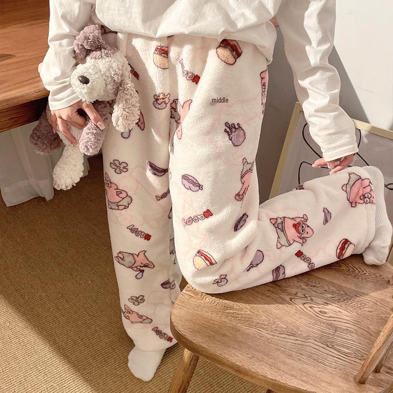 Korean Style Women's Fleece Pajama Pants - Flannel Cartoon Design for Autumn and Winter