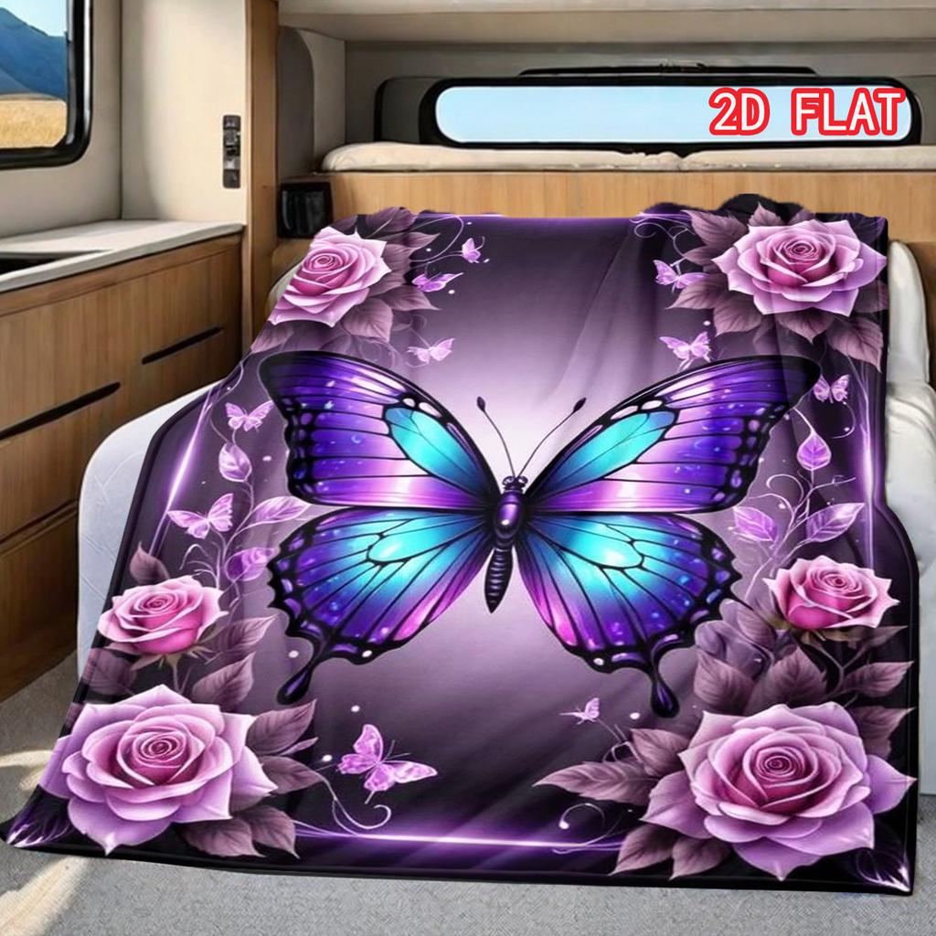 Romantic Purple Rose Garden Blanket, Vibrant Butterfly Art Themed Soft Cover