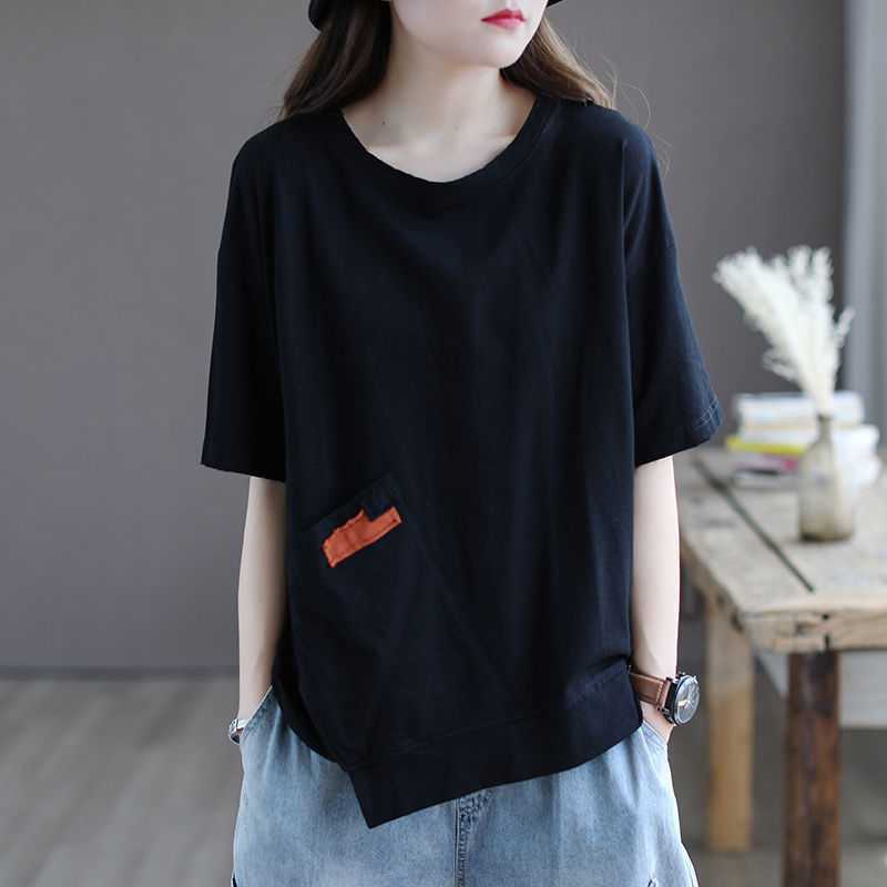 New Summer Loose Round Neck T-shirt for Women's Literary Style Half-sleeved Irregular Patch Top for Women
