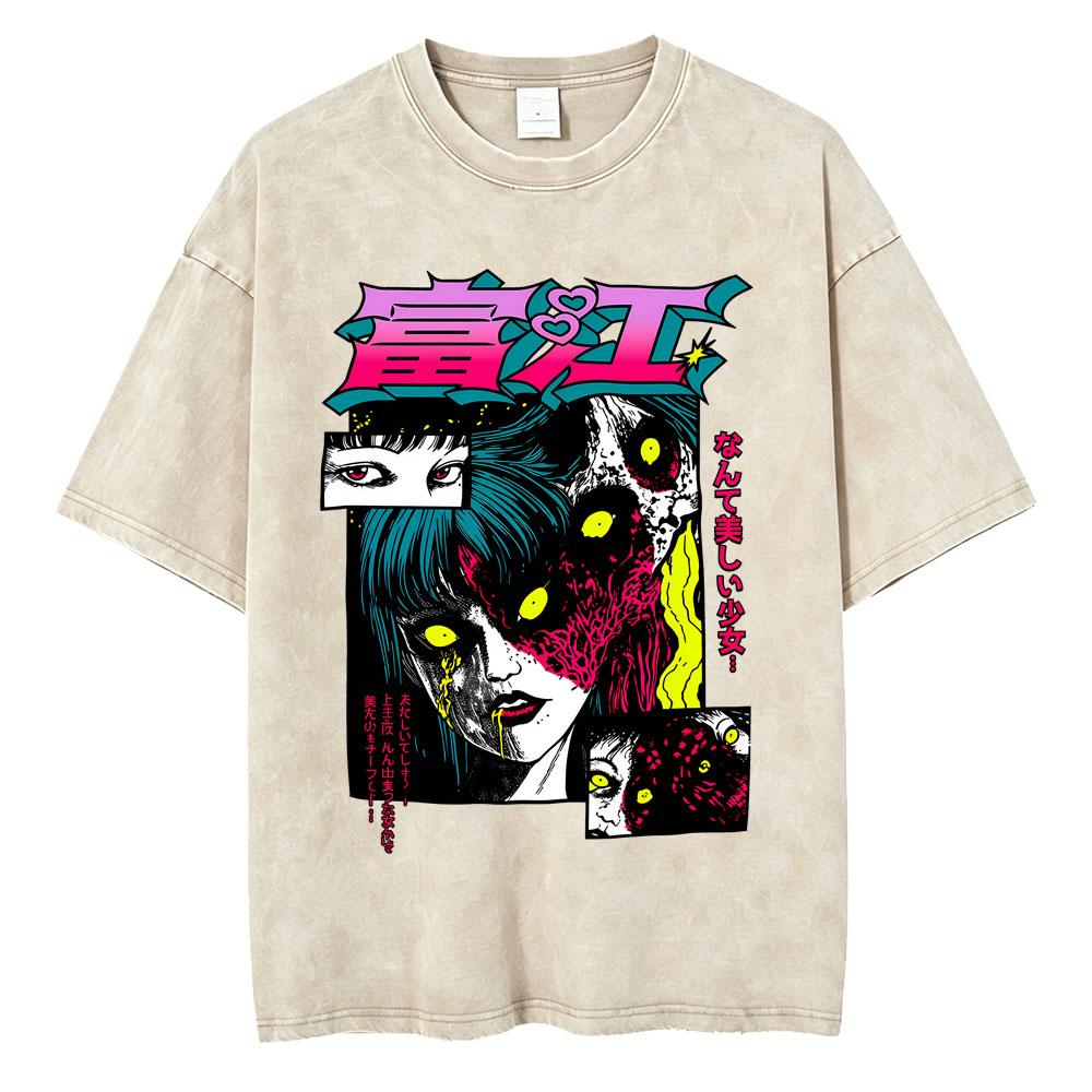 Anime Tomie Junji Ito Vintage Washed T-shirt Men Women Manga Horror Gothic Rock T Shirts Male Retro High Quality Cotton T-shirts