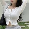 Korean Style O-neck Short Knitted Sweaters Women Thin Cardigan Fashion Open Front Button Up Long Sleeve Crop Top T Shirt Women