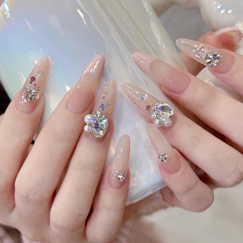French Princess Pink Rhinestone False Nails - Light Luxury Handmade Nail Art Tips