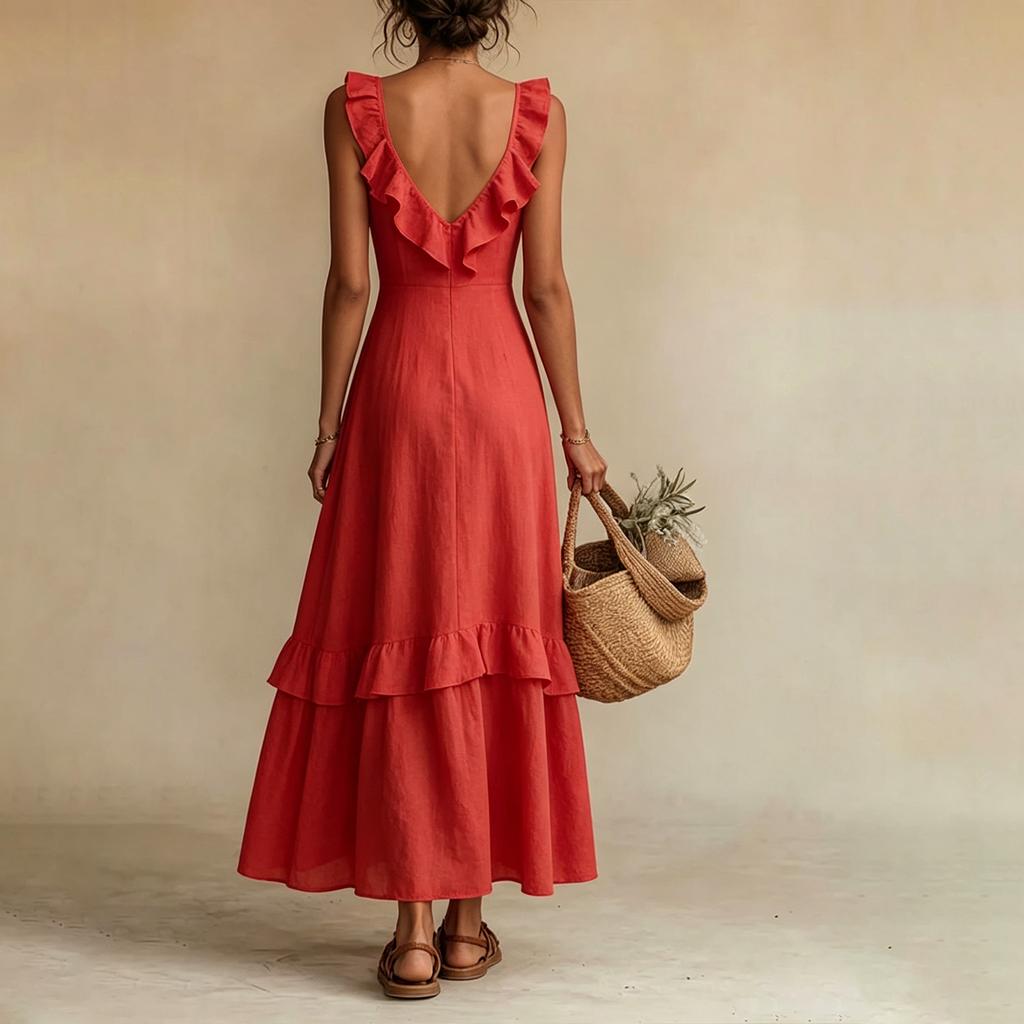 Women's Casual And Fashionable V-neck Lace-edged Flared Sleeve Dress