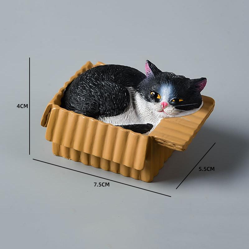 Resin Napping Cat In Box Figurine Cute Kawaii Desktop Ornament for Car Dashboard Bedroom Living Room Decor