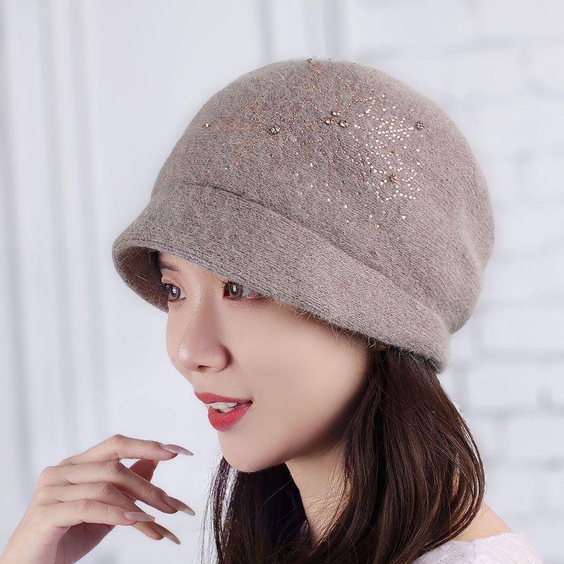 Autumn Winter Velvet Warm Woolen Hat for Women Fashionable Rhinestone Flower Rabbit Hair Knitted Hat Outdoor Windproof Ear Protection Hat