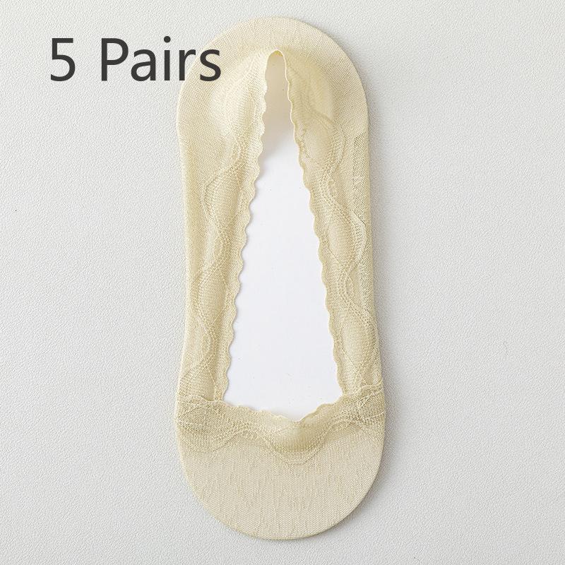 5 Pairs of Women's Summer Thin Wicking Cotton Bottom Invisible Shallow Mouth Non Slip Lace Boat Socks
