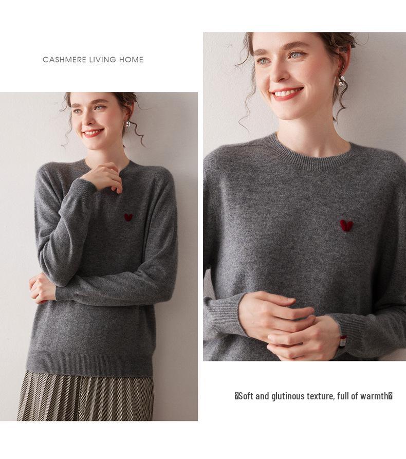 Women's 2025 Round Neck Embroidered Heart Cashmere Sweater - Gentle, Fashionable & Versatile