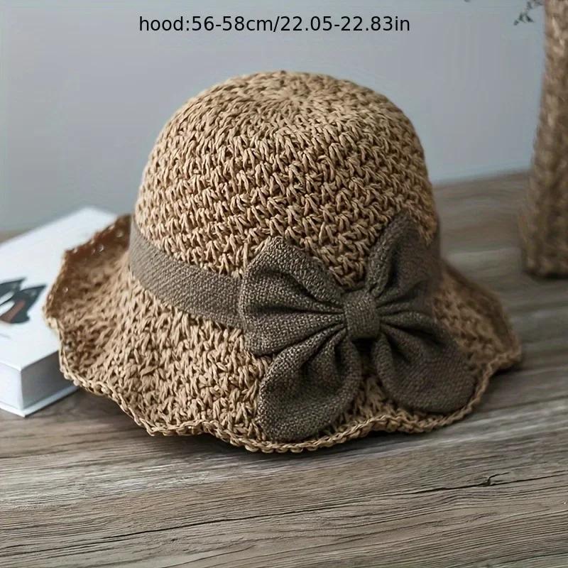 1pcs Elegant Sun Hat - Hand Woven with Vintage Ruffles and Bow, Foldable Travel Beach Hat