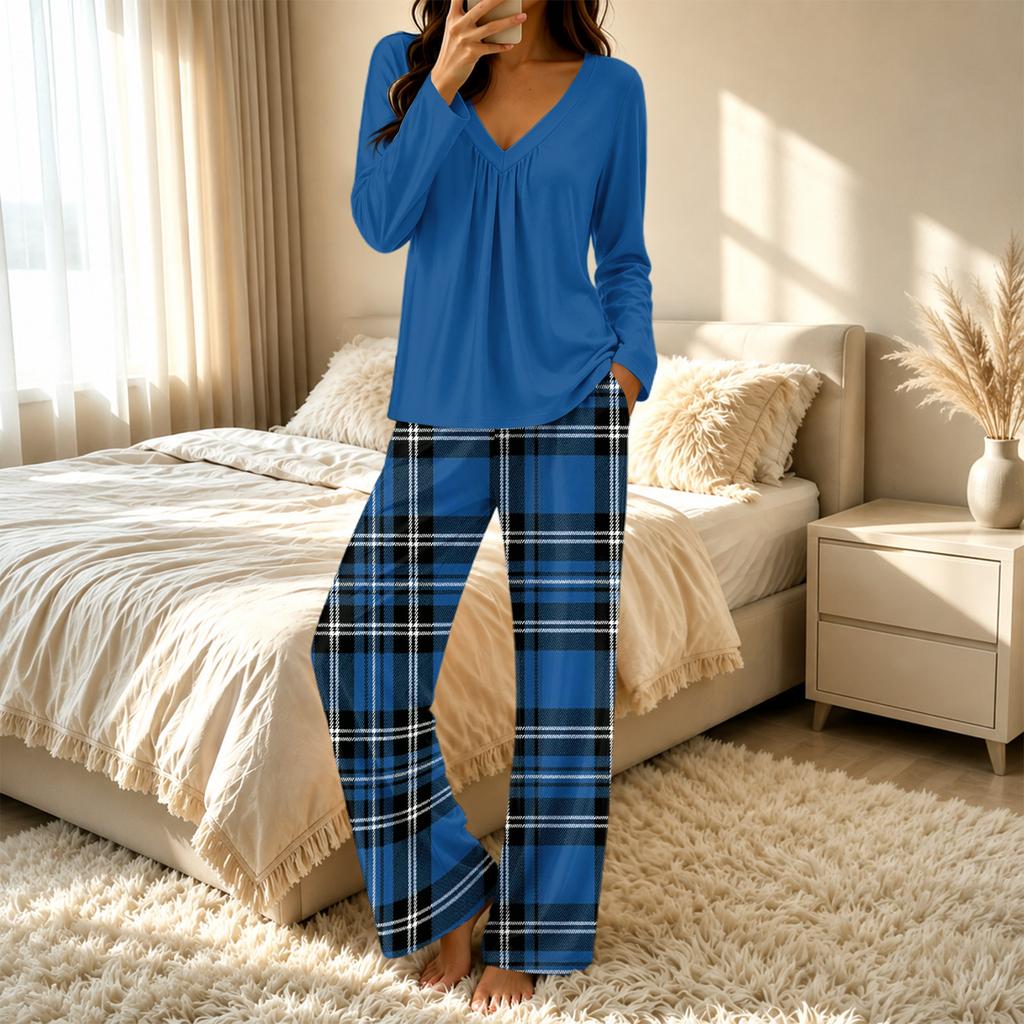 Women's Casual V-Neck Printed Pajama Set Loose Fit Sleepwear for Home