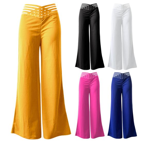 Women High Waist Long Pants Hollow Elastic Waistband Wide Leg Casual Trousers Solid Color Loose Fit Trousers