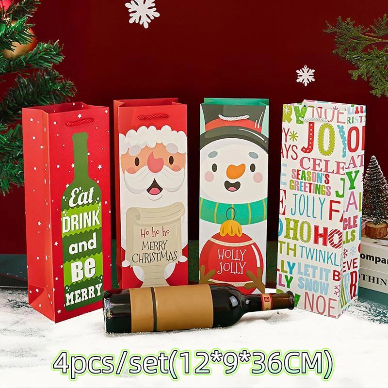 

4Pcs Christmas Wine Bags Kraft Paper Printing Handbag Candy Snack Packaging Box Gift Bag A2