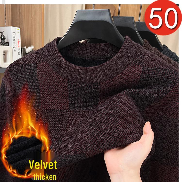 Men s Jacquard Round Neck Sweater: Autumn/Winter Mid-aged Knit Pullover Large