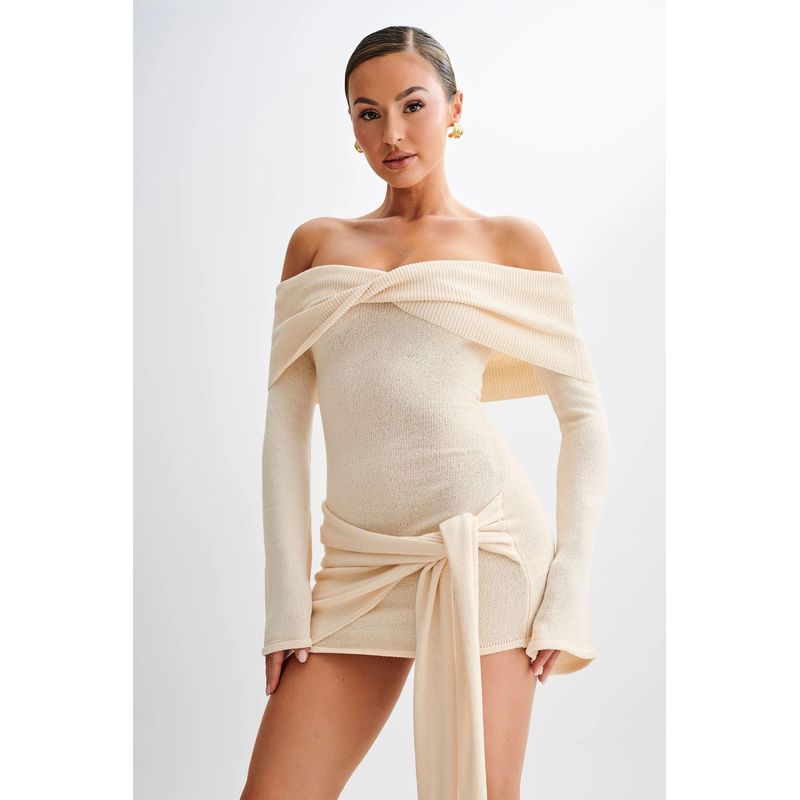 

Sweater Knitted off-Shoulder Irregular Straps Sweater Dress Knited Sweater Dress Apricot color XXL