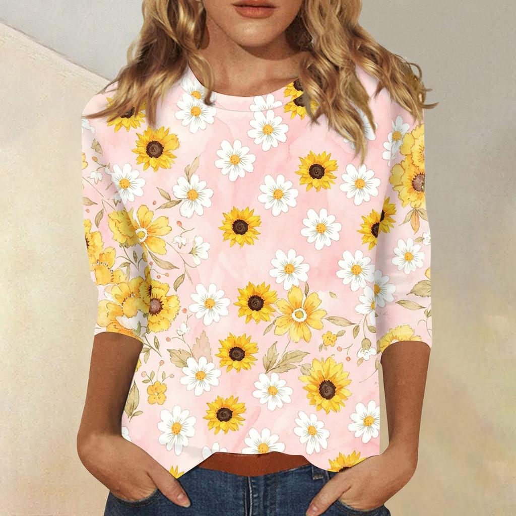 Women Casual Floral Print Three Quarter Sleeve Round Neck Blouse Lightweight Soft Fabric Comfortable Fit Top for Everyday Wear