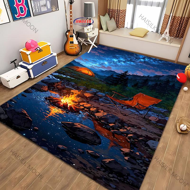 New Shelves! Outdoor Camping Theme Printed Carpet, Living Room Bedroom Office Children's Room Rug, Non-slip Machine Washable Mat