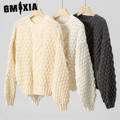 Einfarbiger Pullover Herbst Winter Lockerer Rundhalsausschnitt Twist Puffärmel Strickpullover für Damen
