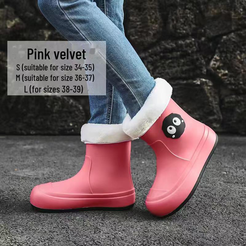 Women's Cute Korean Cartoon Non-Slip Waterproof Rain Boots with Velvet and Cotton for Warmth - Short Tube Outdoor Footwear