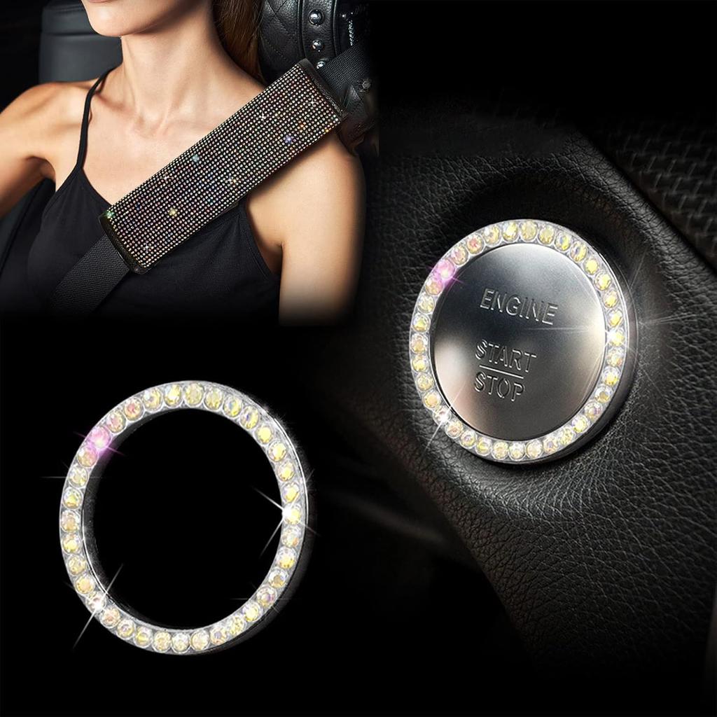11 Pcs Bling Car Accessories Set,Bling Car Accessories Set For Women,Steering Wheel Cover For Women Universal Fit 15 Inch,Rhinestone Center Console