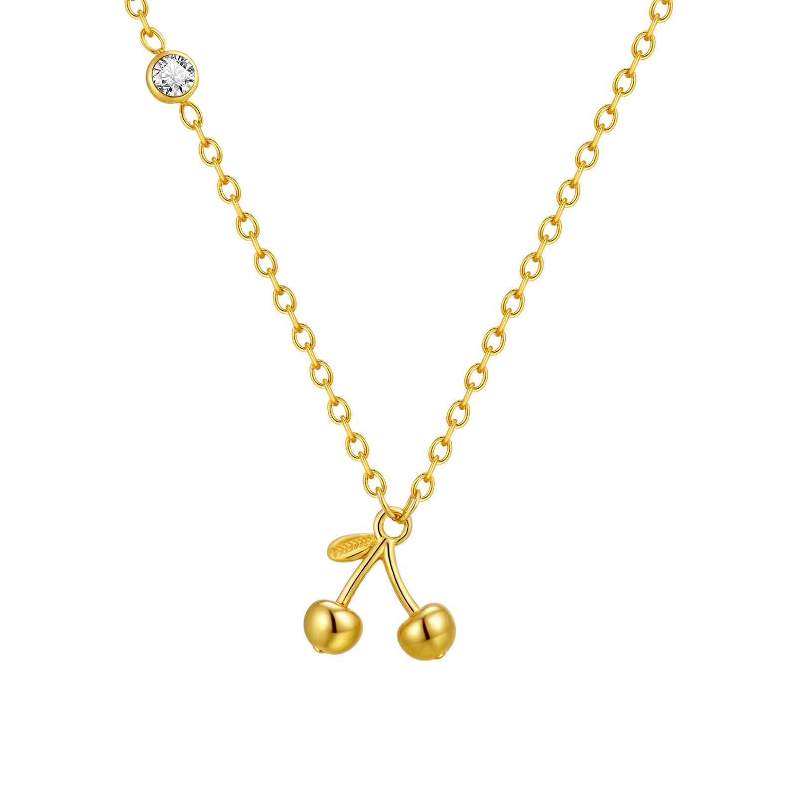 

Sideway Zircon Cherry Pendant Necklace, Thin Chain Choker Necklace Stainless Steel, Women s Gold-plated Jewelry