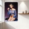 1950s Blonde Waves Blue Hair Accessory Sheer Chiffon Top Orange Underwear Sexy Woman Purple Background Tin Sign Vintage Metal Po