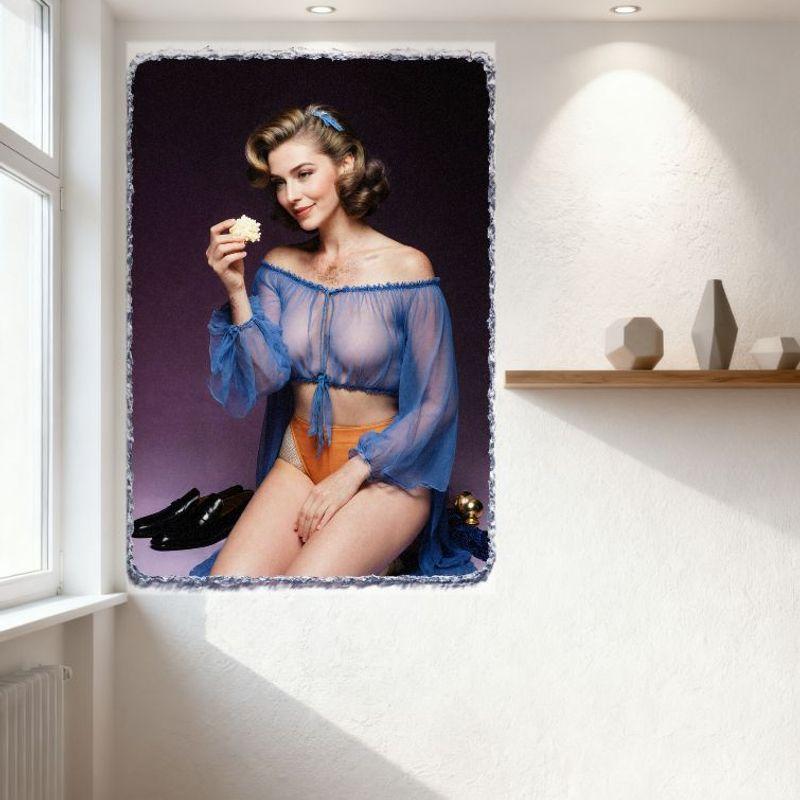1950s Blonde Waves Blue Hair Accessory Sheer Chiffon Top Orange Underwear Sexy Woman Purple Background Tin Sign Vintage Metal Po