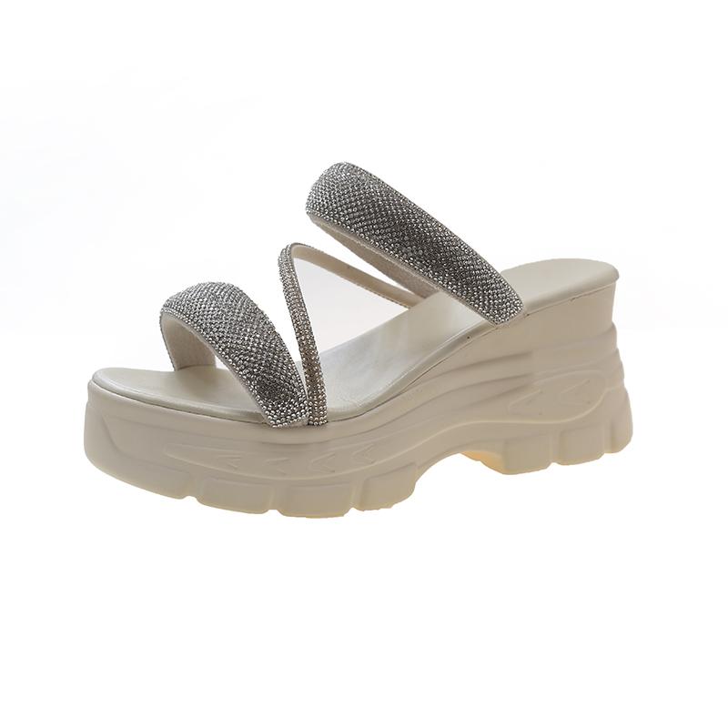 Dámské pantofle, letní nové, tlusté dno, kulatá hlava, otevřená špička, diamantové sandály, ležérní módní protiskluzové pantofle