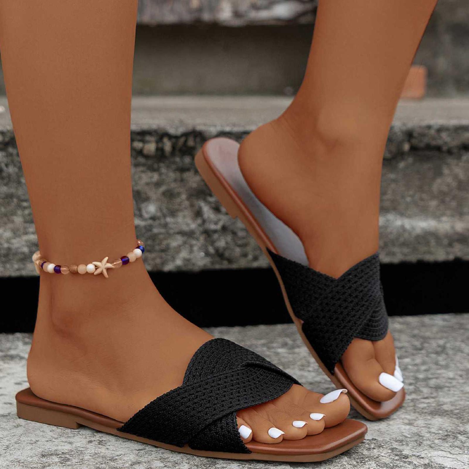 Summer cross belt square headed cloth flat bottomed beach sandals with a straight drag 36 чёрный