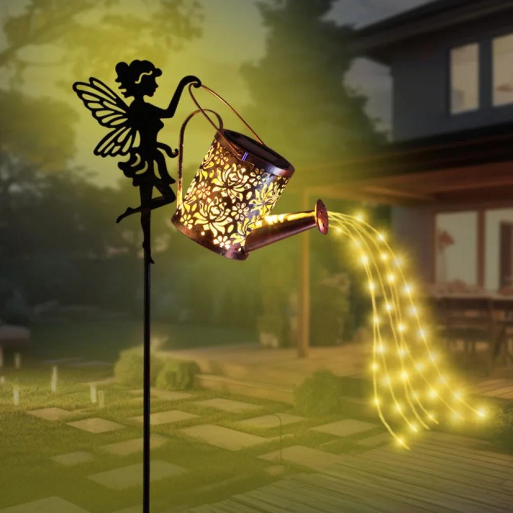 Solar-Powered Iron Art Flower Fairy Lawn Lamp Outdoor Waterproof Garden Kettle Hollow Rojection Light for Decorative Outdoor Use
