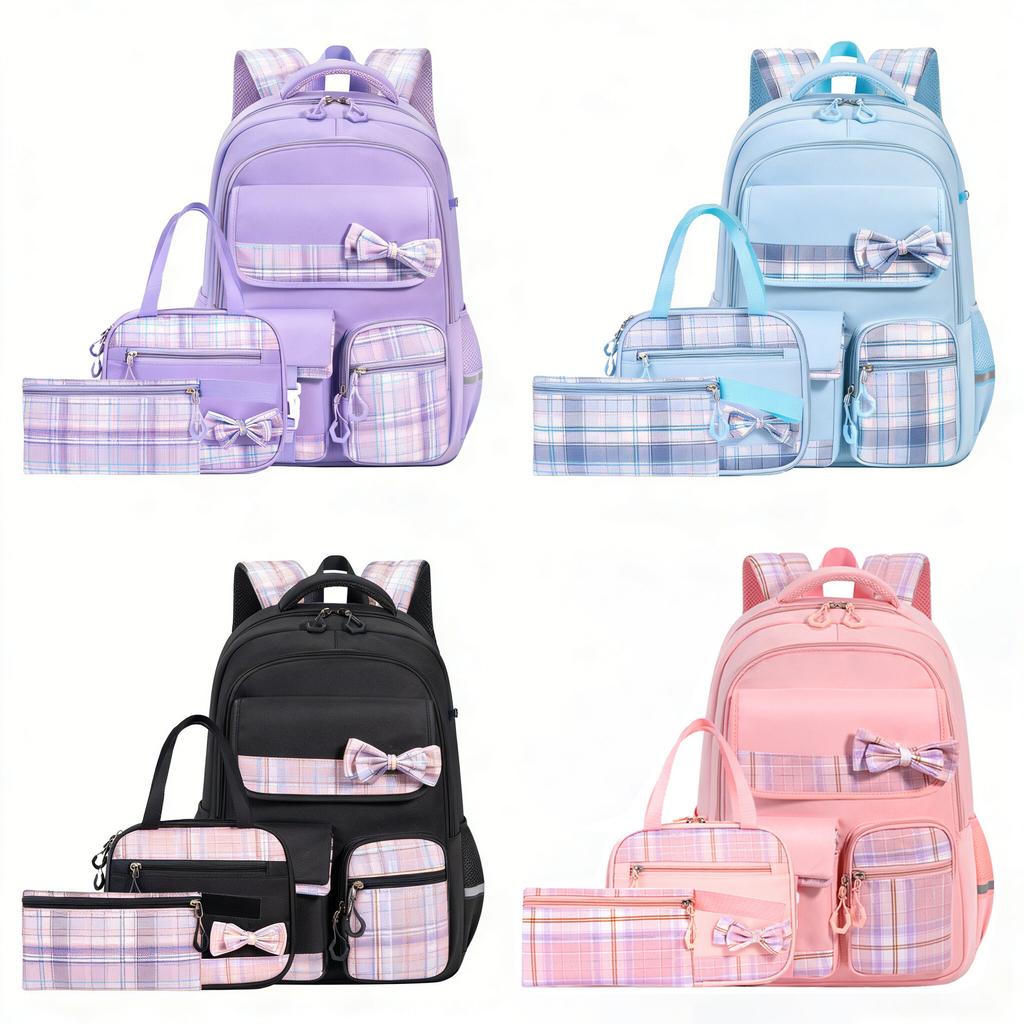 3pcs/set School Backpack for Girls Bookbag Elementary Middle School Bags Student Cute Plaid Backpack with Lunch Bag Pencil Bag