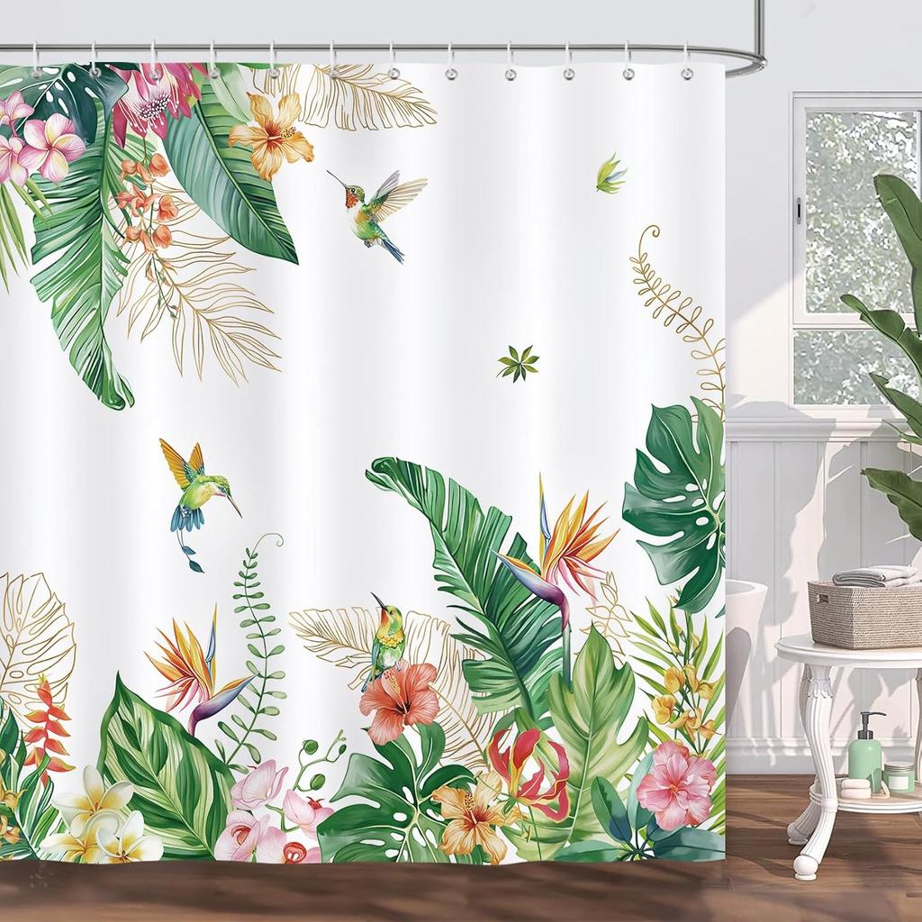Tropical Leaves Hummingbirds Shower Curtain Green Palm Leaf Flowers Plants Bird Bathroom Decor Fabric Bath Curtains with Hooks