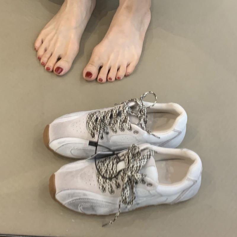Cowhide version~ retro casual shoes color matching lace-up flat-bottom sports shoes women's versatile running tide
