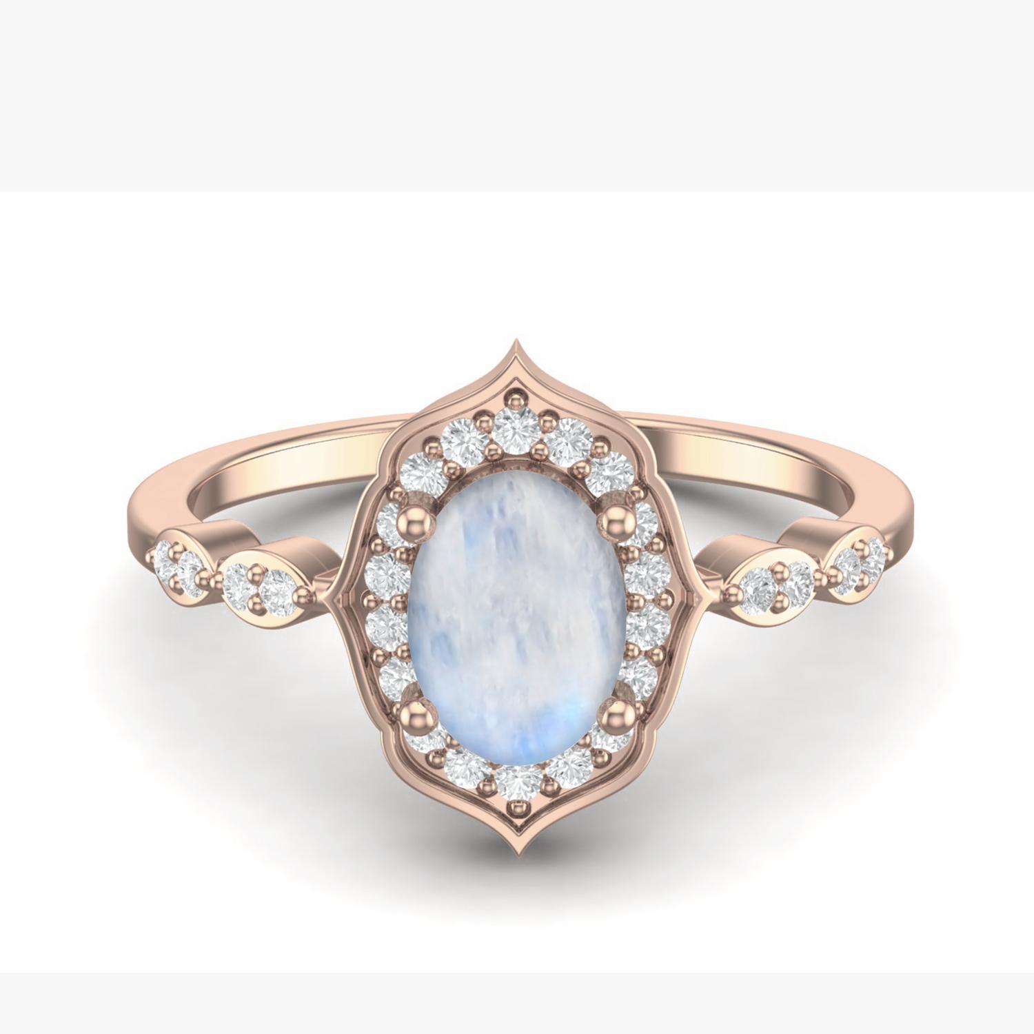 7X5 MM Oval Natural Moonstone  925 Sterling Silver Rose Vermeil Designer Engagement Women Ring 7 ярко-розовый