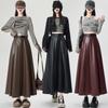 Winter Women PU Leather Skirt Long Pleated High Waist A Line Fashion Clothes