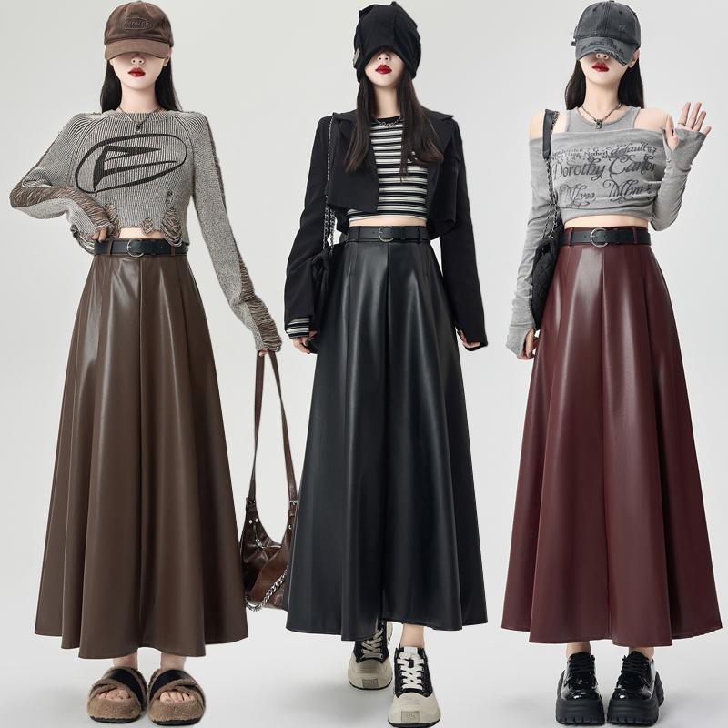 Winter Women PU Leather Skirt Long Pleated High Waist A Line Fashion Clothes
