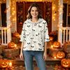 Women's Halloween Printed Hoodie Loose Fit Three-Quarter Sleeve Casual Top