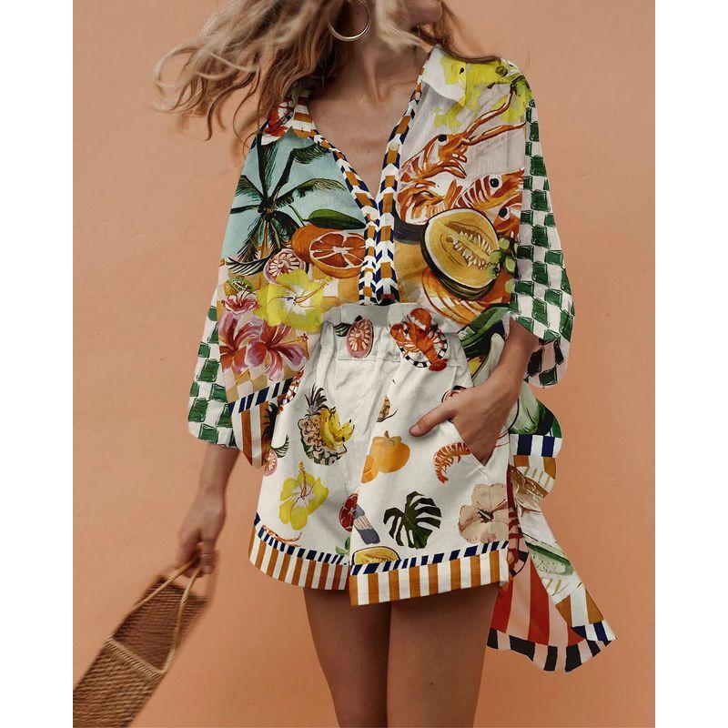 

Fashion Casual Shirt Two-piece Set Fruit Printed Dovetail 3/4 Sleeve Tops Cropped Pants Color S