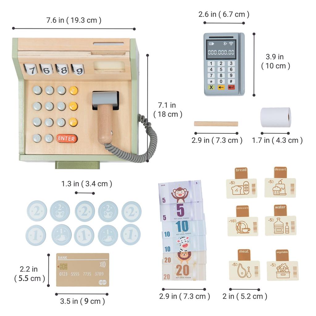 UMU Cash Register Toy Self-Checkout Set - Pretend Play Shopkeeper - Wooden Toy with Money and Bills - 35 Pieces - Educational Toy - Shopping Together