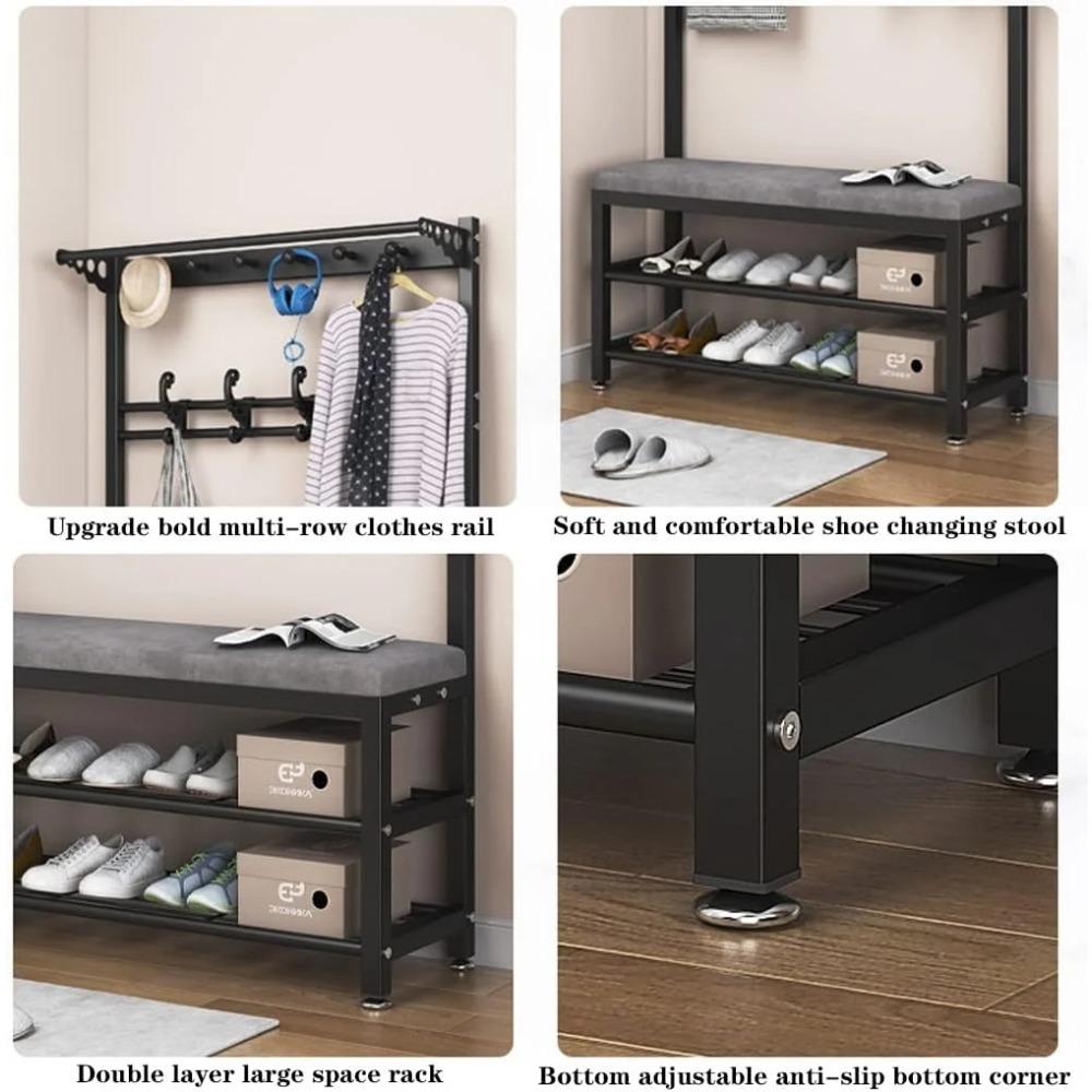 5-in-1 Garderobenbaum, Multifunktionaler Kleiderständer mit Bank & 2-stufigem Schuhregal, 10 Haken, Schwarz