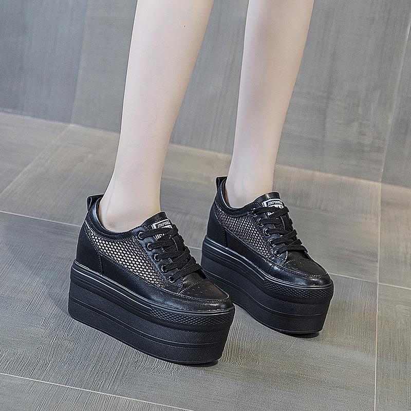 

Мода 12 см Женские Летние сетчатые Модные Ins Белые черные Натуральная кожа Массивные Кроссовки Полые Дышащие Туфли на платформе и танкетке 33 чёрный