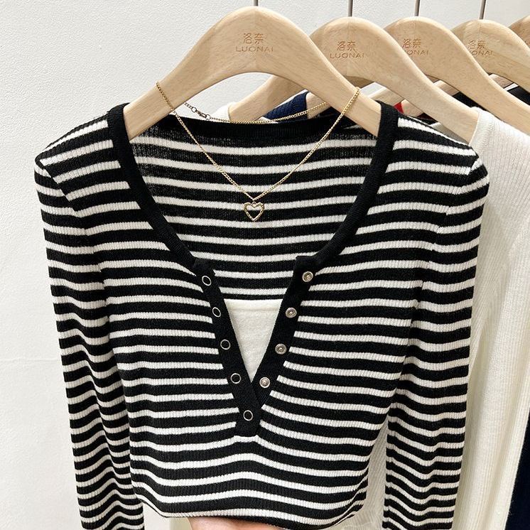 Plus Size Women S Fake Two Piece Long Sleeve Striped T Shirt Fall Casual Top